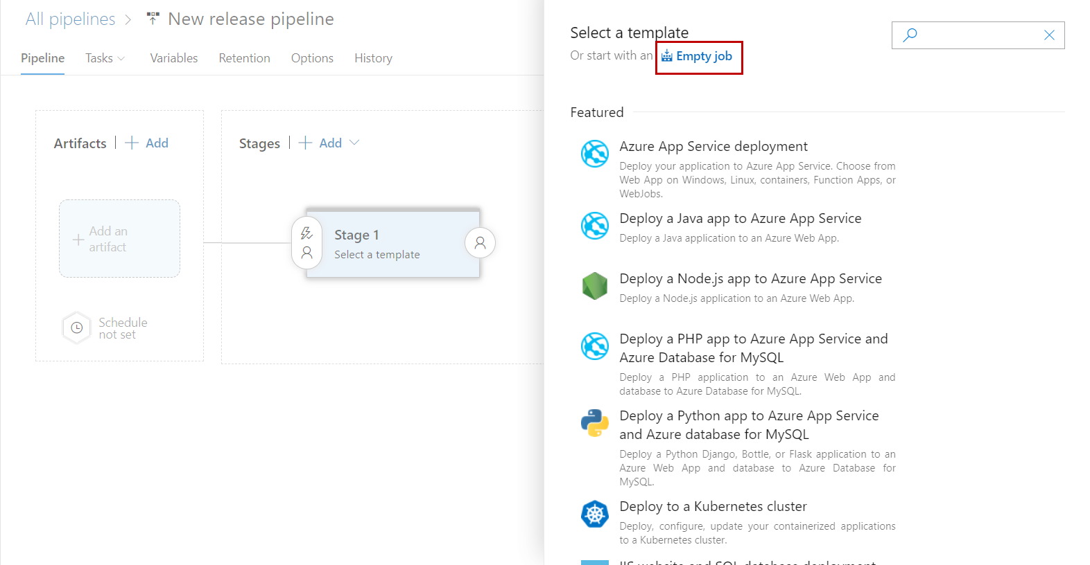 Vue "Start a template (Commencer un modèle)" avec l'option "Empty job (Job vide)" sélectionnée.