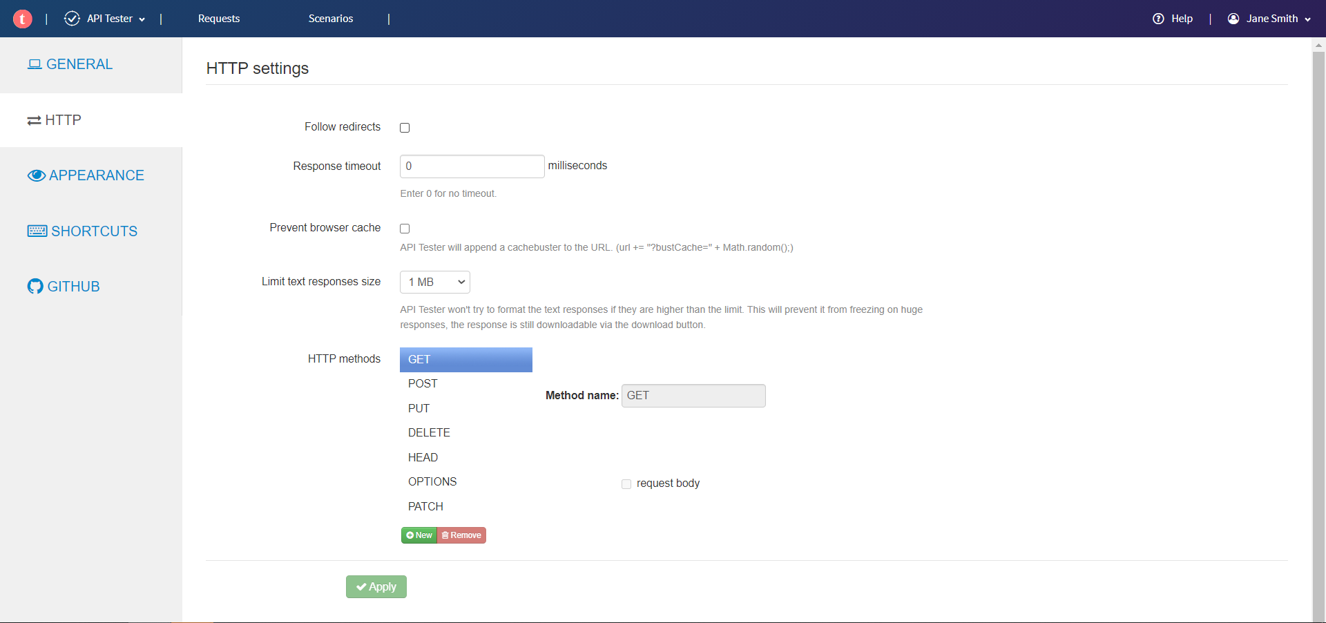 Page HTTP settings (Paramètres HTTP).