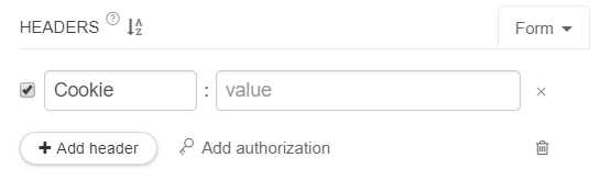 Définissez l'en-tête Cookie dans la section Headers (En-têtes).