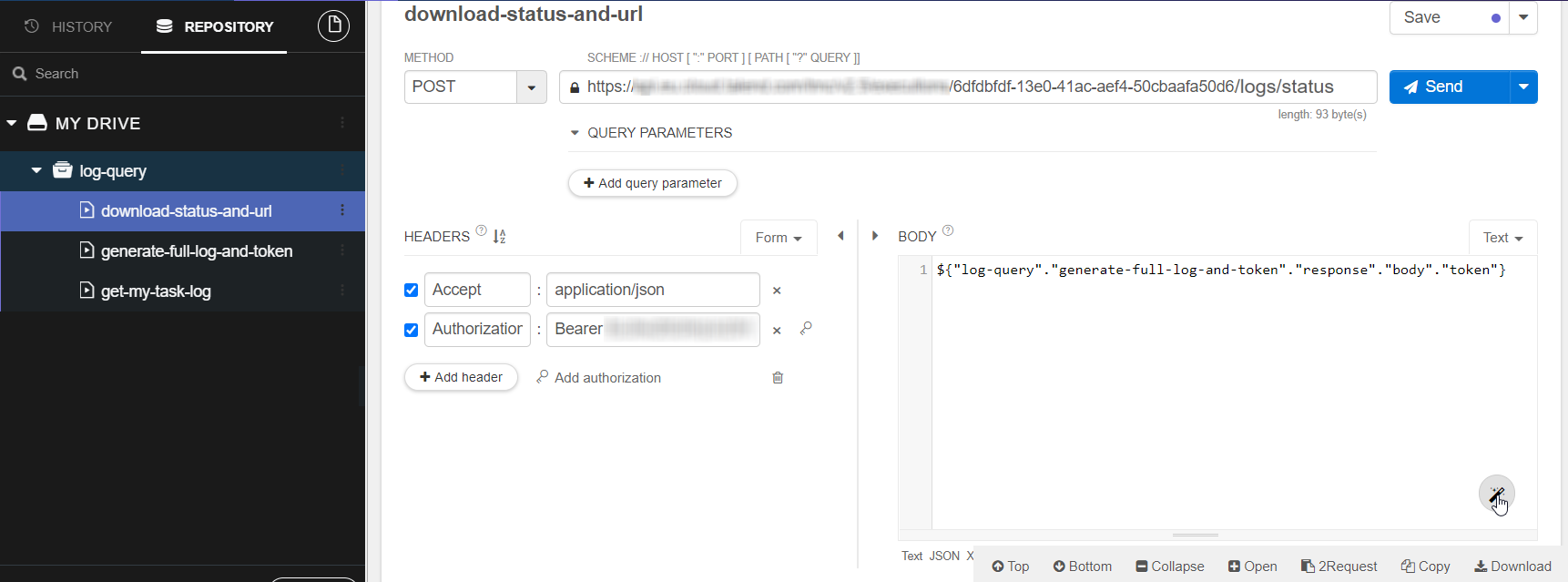 Dans Talend Cloud API Tester, la requête sauvegardée s'affiche dans le corps.