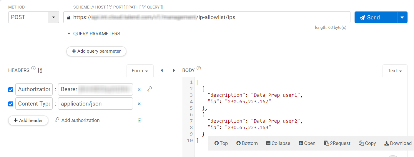 Dans Talend Cloud API Tester, la méthode POST est sélectionnée, l'endpoint est spécifié et le corps liste les adresses IP.