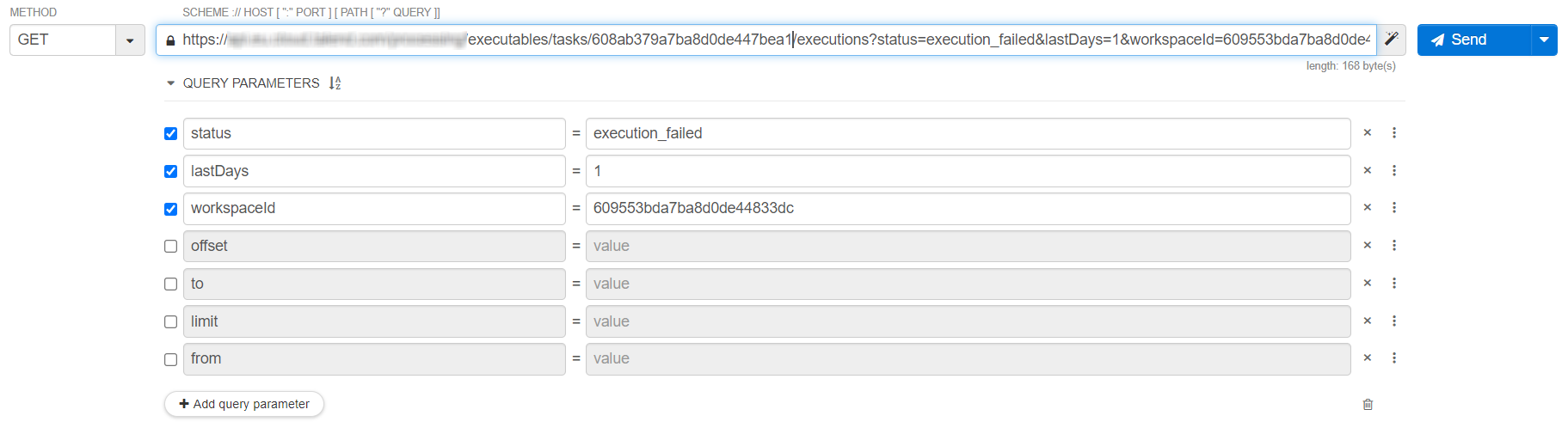 Dans les Paramètres de requête (Query Parameters), les paramètres status, lastDays et workspaceid sont sélectionnés.