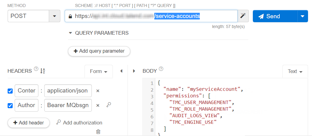 La méthode POST est sélectionnée et l'endpoint de gestion du compte de service à utiliser est spécifié dans Talend Cloud API Tester.