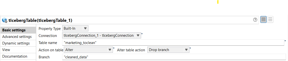 Vue Basic settings du tIcebergTable.