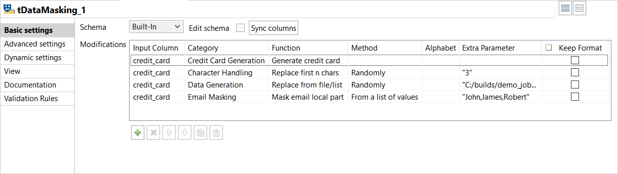 Configuration du composant tDataMasking.