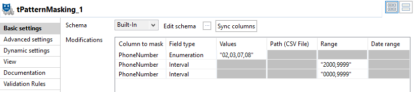 Configuration du composant tPatternMasking.