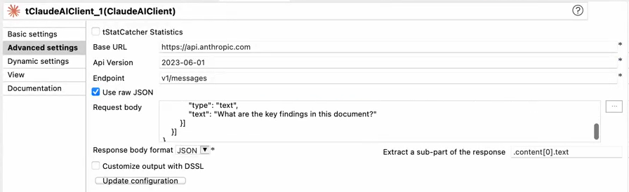 Vue Advanced settings de la configuration du tClaudeAIClient.