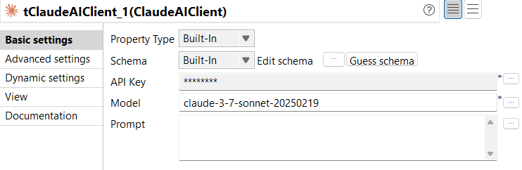 Vue Basic settings de la configuration du tClaudeAIClient.