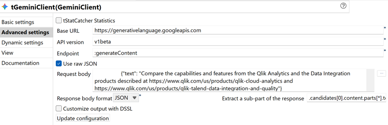 Vue Advanced settings de la configuration du tGeminiClient.