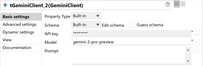 Vue Basic settings de la configuration du tGeminiClient.