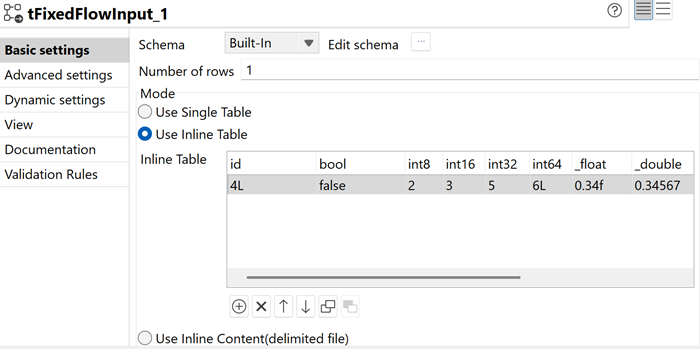Vue Basic settings du tFixedFlowInput affichant les données de configuration.