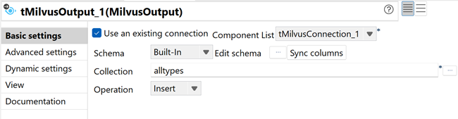 Vue Basic settings de la configuration du tMilvusOutput affichant la collection et l'opération d'insertion.