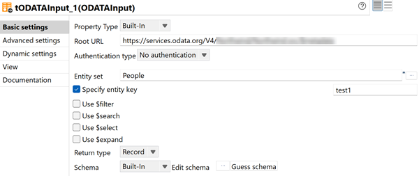 Vue Basic settings du tODATAInput affichant l'URL, l'ensemble d'entités et le schéma.