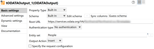 Vue Basic settings du tODATAOutput affichant l'ensemble d'entités et l'opération d'insertion.