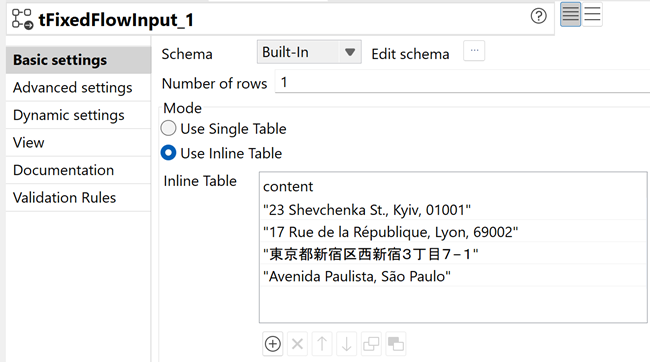 Configuration du tFixedFlowInput affichant le contenu avec les adresses dans différents formats, sans le nom des pays.