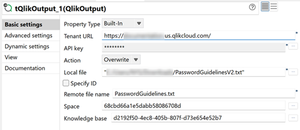 Vue Basic settings de la configuration du tQlikOutput.