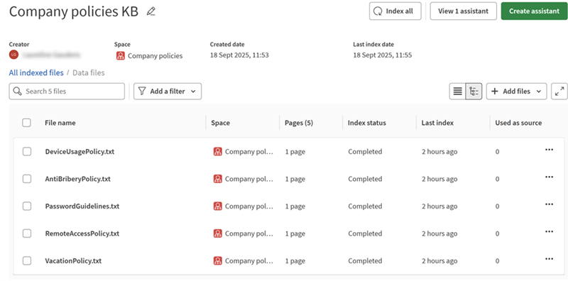 Base de connaissance dans Qlik Cloud contenant cinq politiques d'entreprise concernant l'utilisation des appareils, les mesures anticorruption, les instructions des mots de passe, l'accès à distance et les congés.