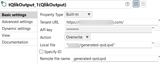 Vue Basic settings du composant tQlikOutput.