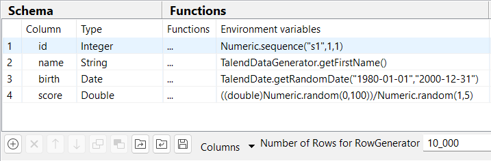 Configuration du schéma du composant tRowGenerator.