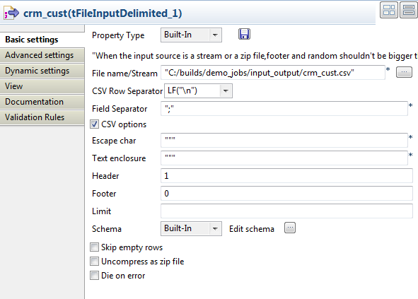 Configuration du composant tFileInputDelimited.