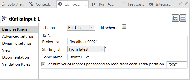 Vue Basic settings du tKafkaInput.