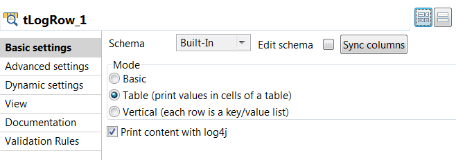 Configuration du composant tLogRow.