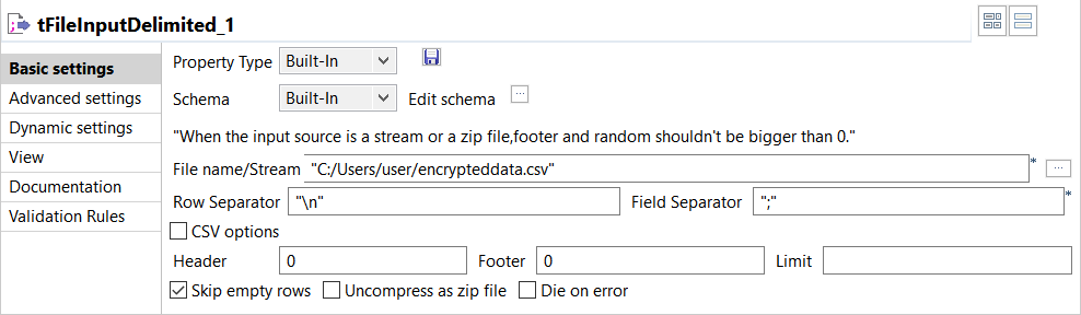 Configuration du composant tFileInputDelimited.