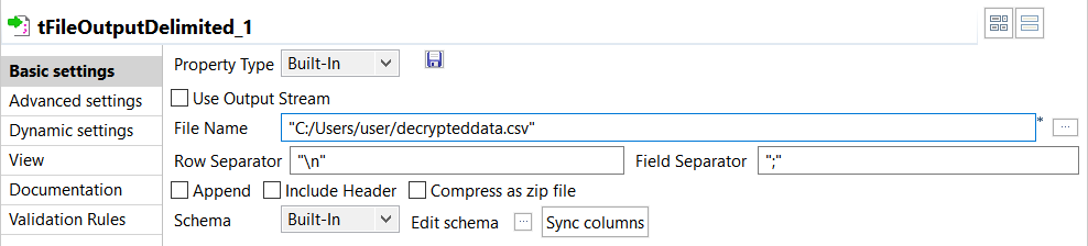 Configuration du composant tFileOutputDelimited.