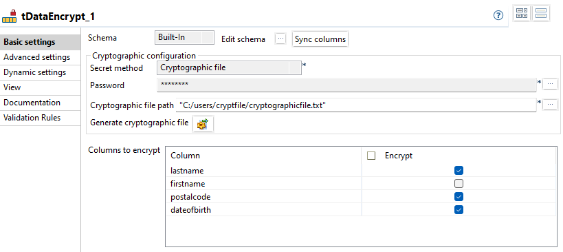 Configuration du composant tDataEncrypt.