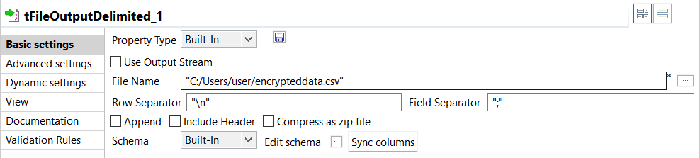 Configuration du tFileOutputDelimited.