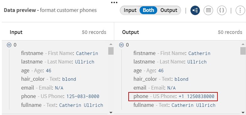 Dans l'aperçu de données de sortie (Output), le numéro de téléphone a une syntaxe américaine standard.