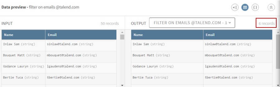 Dans l'aperçu des données de sortie (Output), six enregistrements correspondent aux critères.