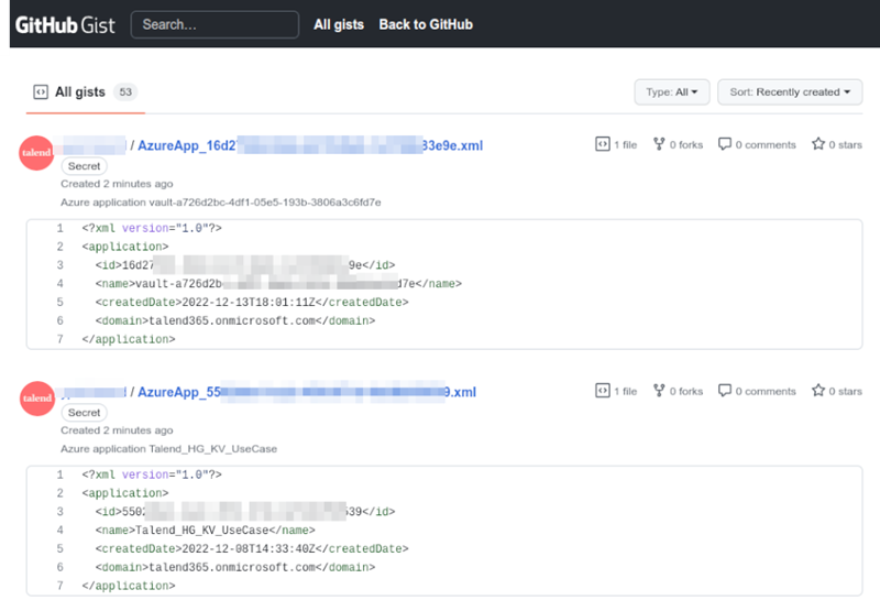 Contenu XML de deux applications Azure envoyé à GitHub GIST.