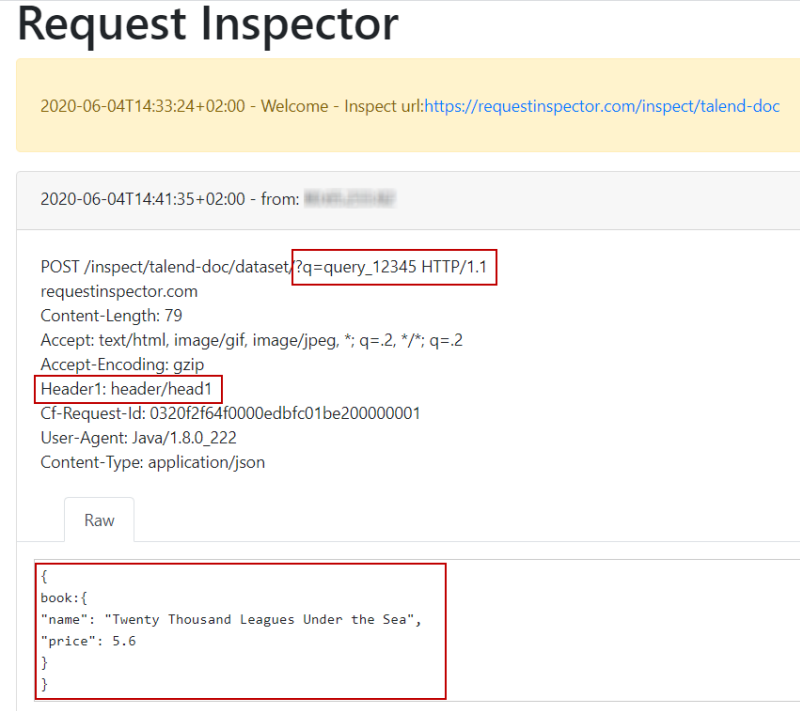 Paramètres de requête sélectionnés, en-tête et corps de l'enregistrement JSON dans Request Inspector.