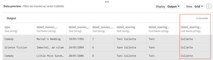 Dans l'aperçu des données de sortie (Output), trois enregistrements correspondent aux critères.