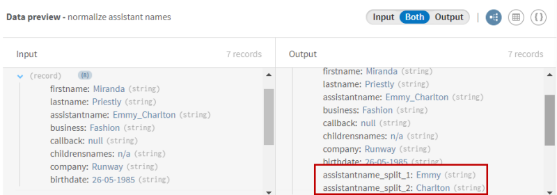 Dans l'aperçu des données de sortie (Output), une version scindée de l'enregistrement du nom complet de l'assistant est ajoutée.