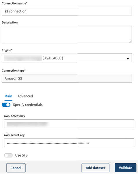 Configuration d'une nouvelle connexion à Amazon S3.