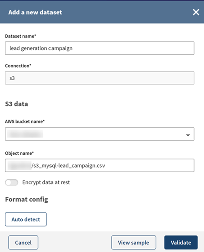 Configuration d'un nouveau jeu de données Amazon S3.