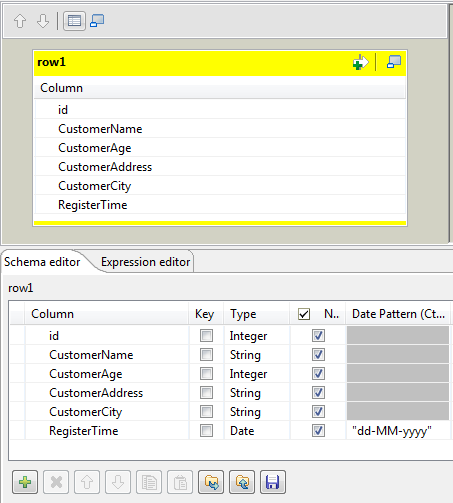 Capture d'écran du schéma avec les colonnes suivantes : une colonne id de type Integer, une colonne CustomerName de type String, une colonne CustomerAge de type Integer, une colonne CustomerAddress de type String, une colonne CustomerCity de type String et une colonne RegisterTime de type Date.