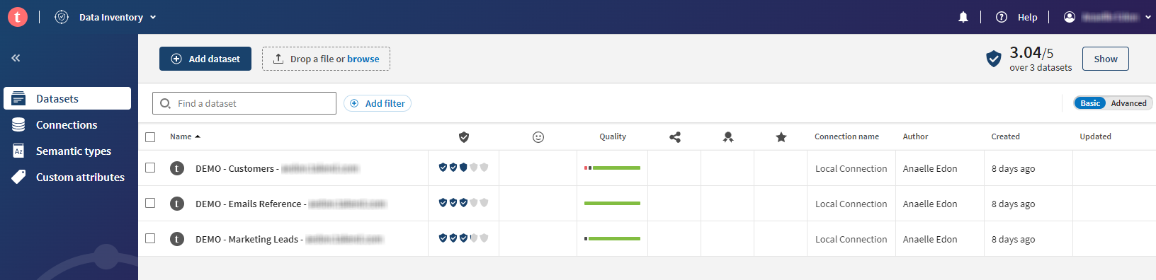 Onglet Datasets (Jeux de données) dans Talend Cloud Data Inventory.