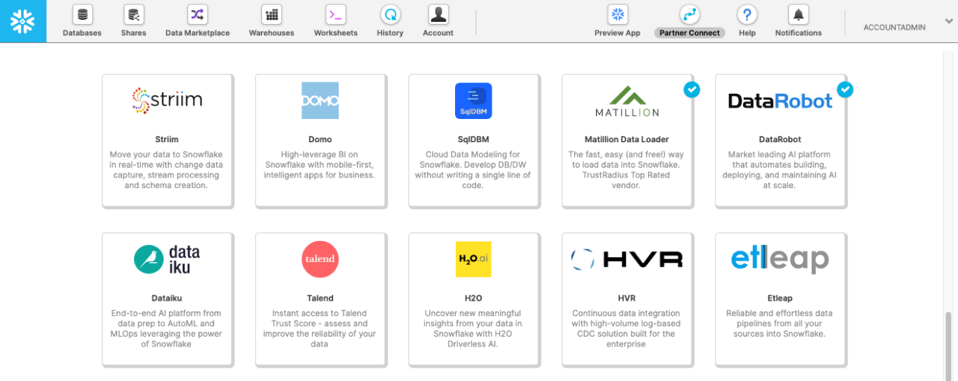 Tuiles disponibles dans le menu Partner connect.