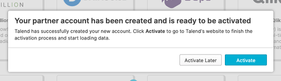 Fenêtre pop-up dans laquelle vous pouvez choisir d'activer maintenant ou plus tard votre compte partenaire.