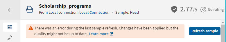 Message d'erreur concernant la dernière actualisation de l'échantillon depuis la vue d'ensemble du jeu de données.