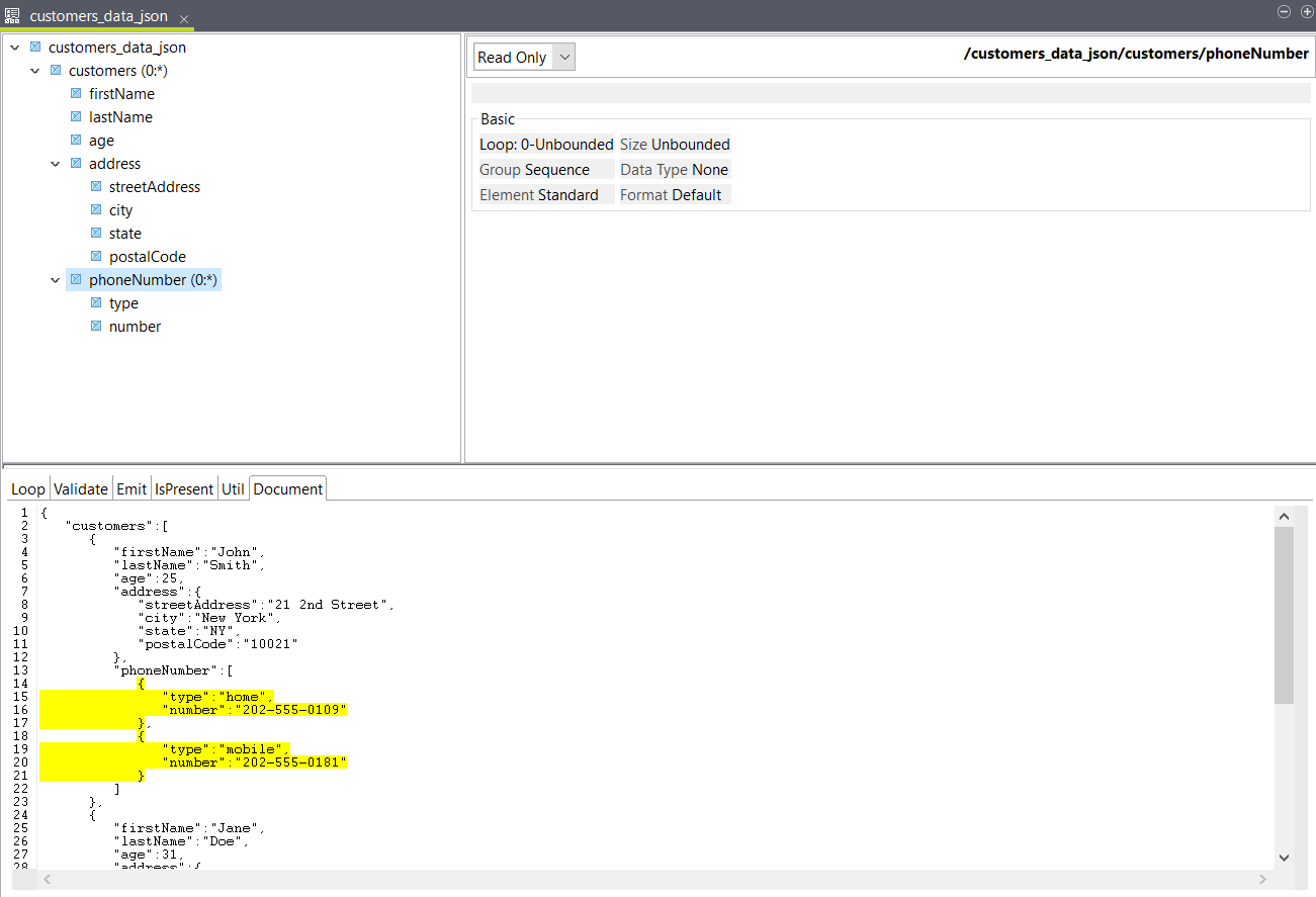 Structure "customers_data_json" avec l'élément "phoneNumber" sélectionné.