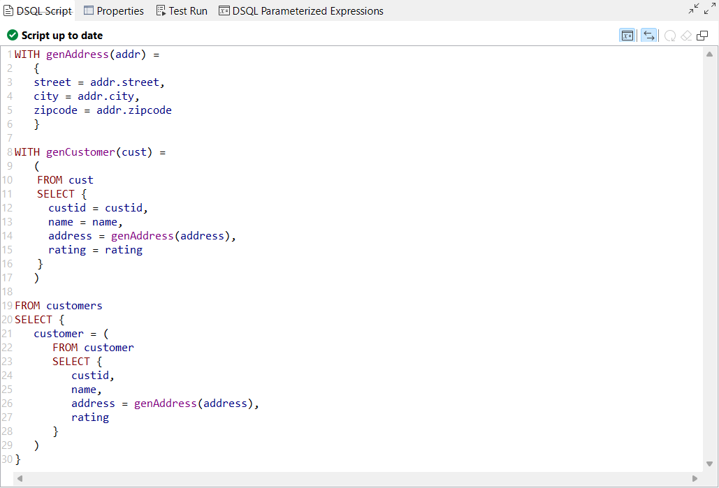 Vue DSQL Script (Script DSQL) avec des expressions paramétrées générées.
