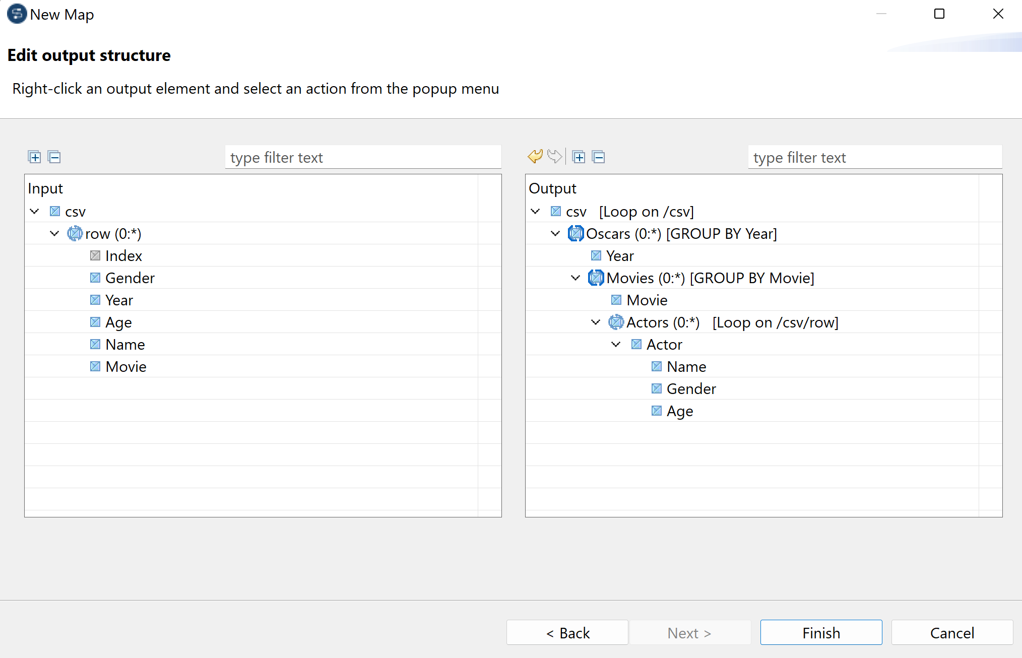 Fenêtre Edit output structure (Modifier la structure de sortie).