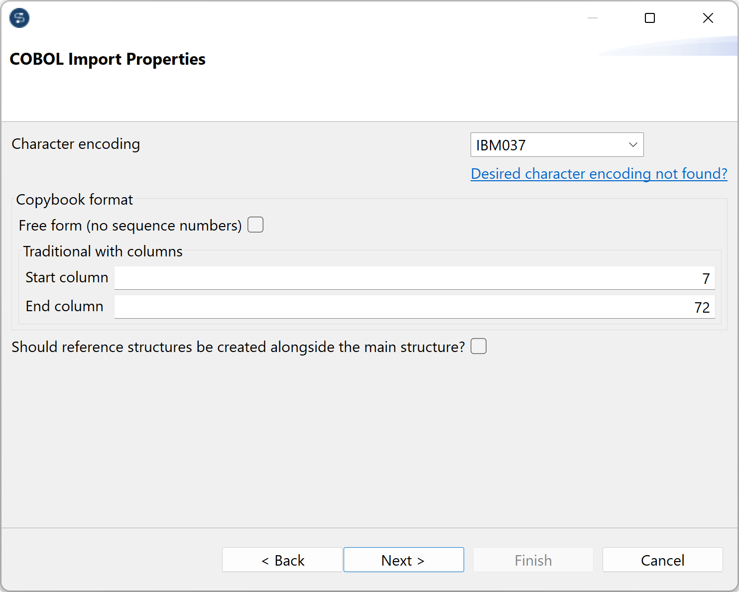 Boîte de dialogue COBOL Import Properties (Propriétés d'import COBOL).