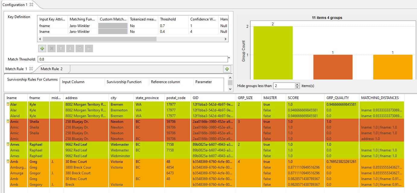 Vues des diagrammes et tableaux dans le tMatchGroup.