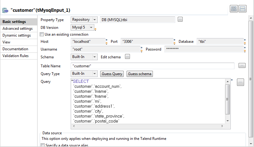 Configuration du composant tMysqlInput.