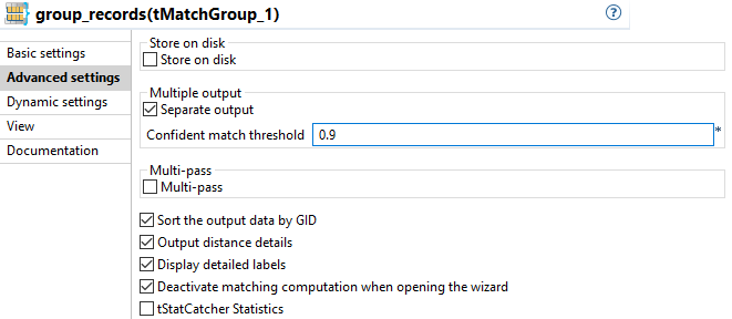 Vue Advanced settings (Paramètres avancés) du composant tMatchGroup.